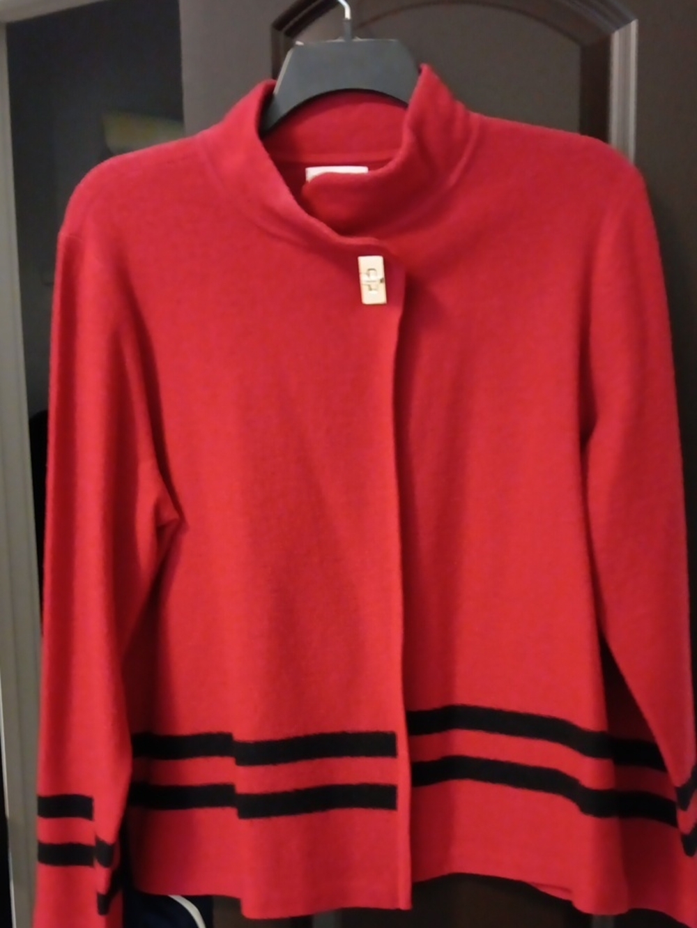 Calvin Klein Red Mock-Neck Sweater Cardigan with Black Stripe Detail